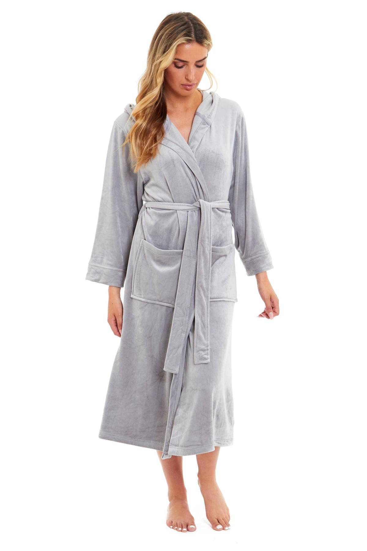 Grey hooded velour bathrobe with tie belt and front patch pockets, full length