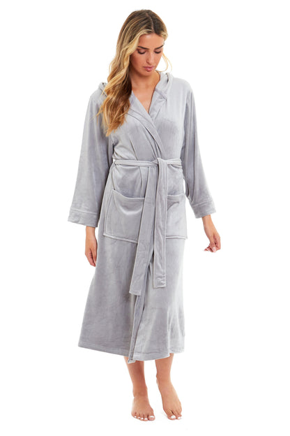 Grey hooded velour bathrobe with tie belt and front patch pockets, full length