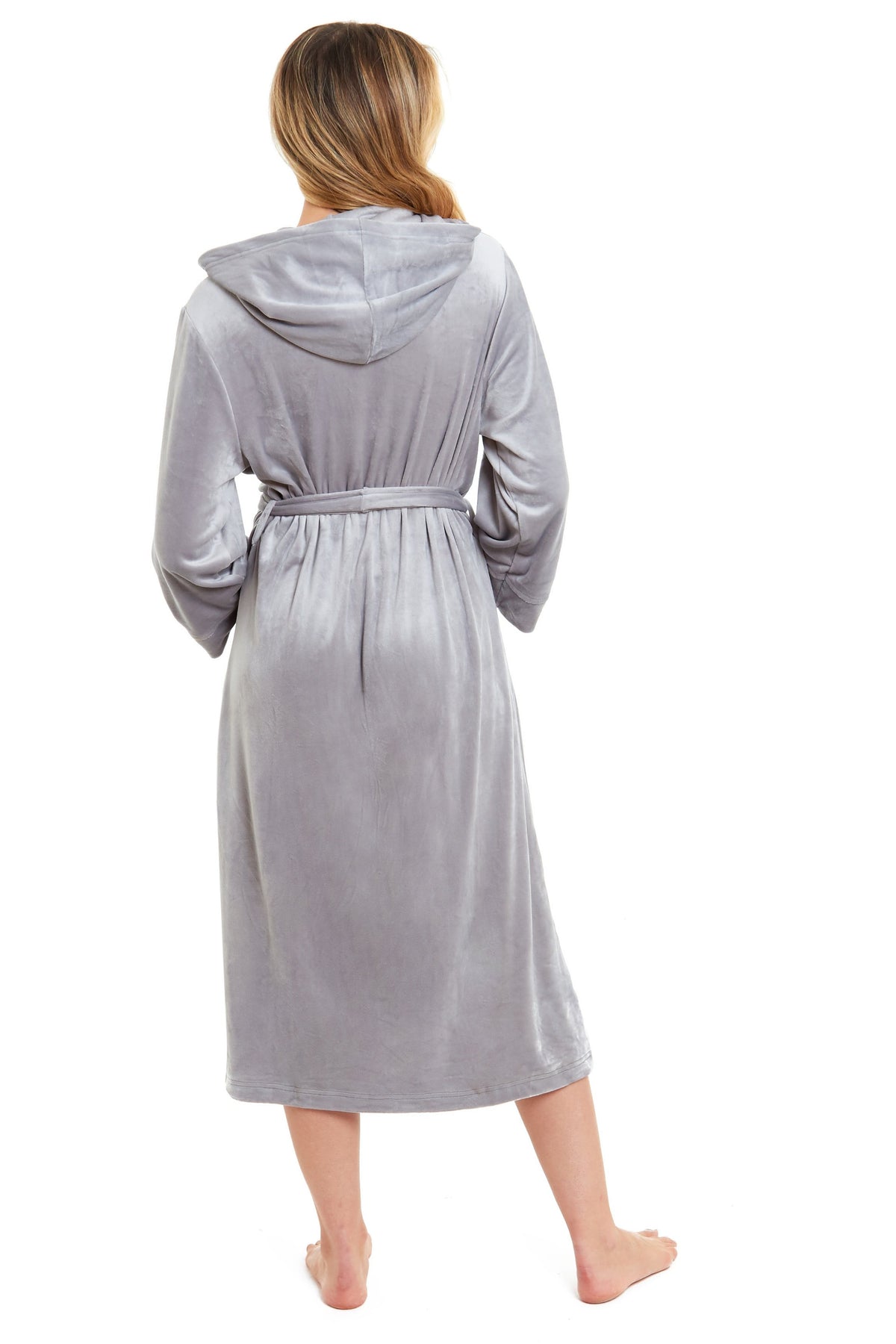 Grey hooded velour bathrobe from back view with waist tie belt