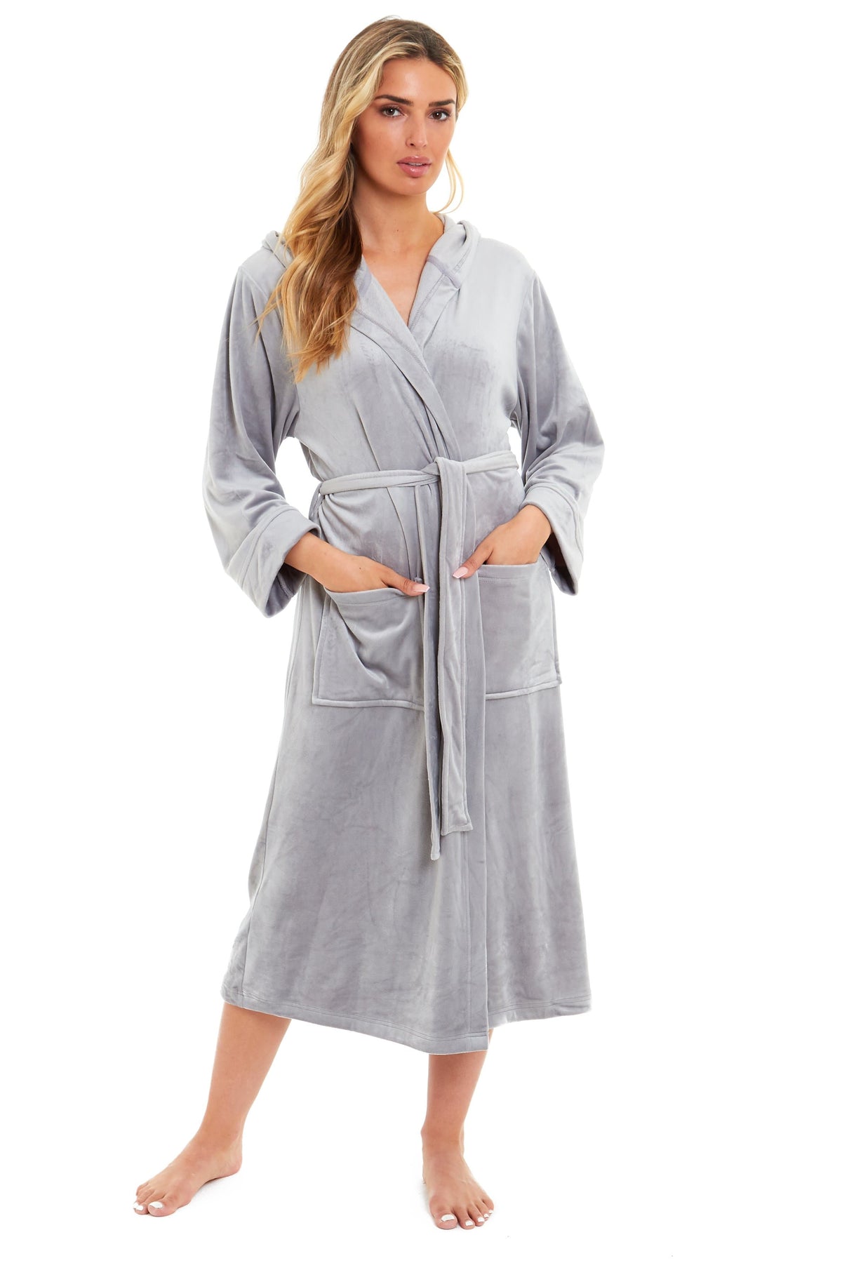 Grey hooded velour bathrobe, mid-calf length, waist tie and patch pockets