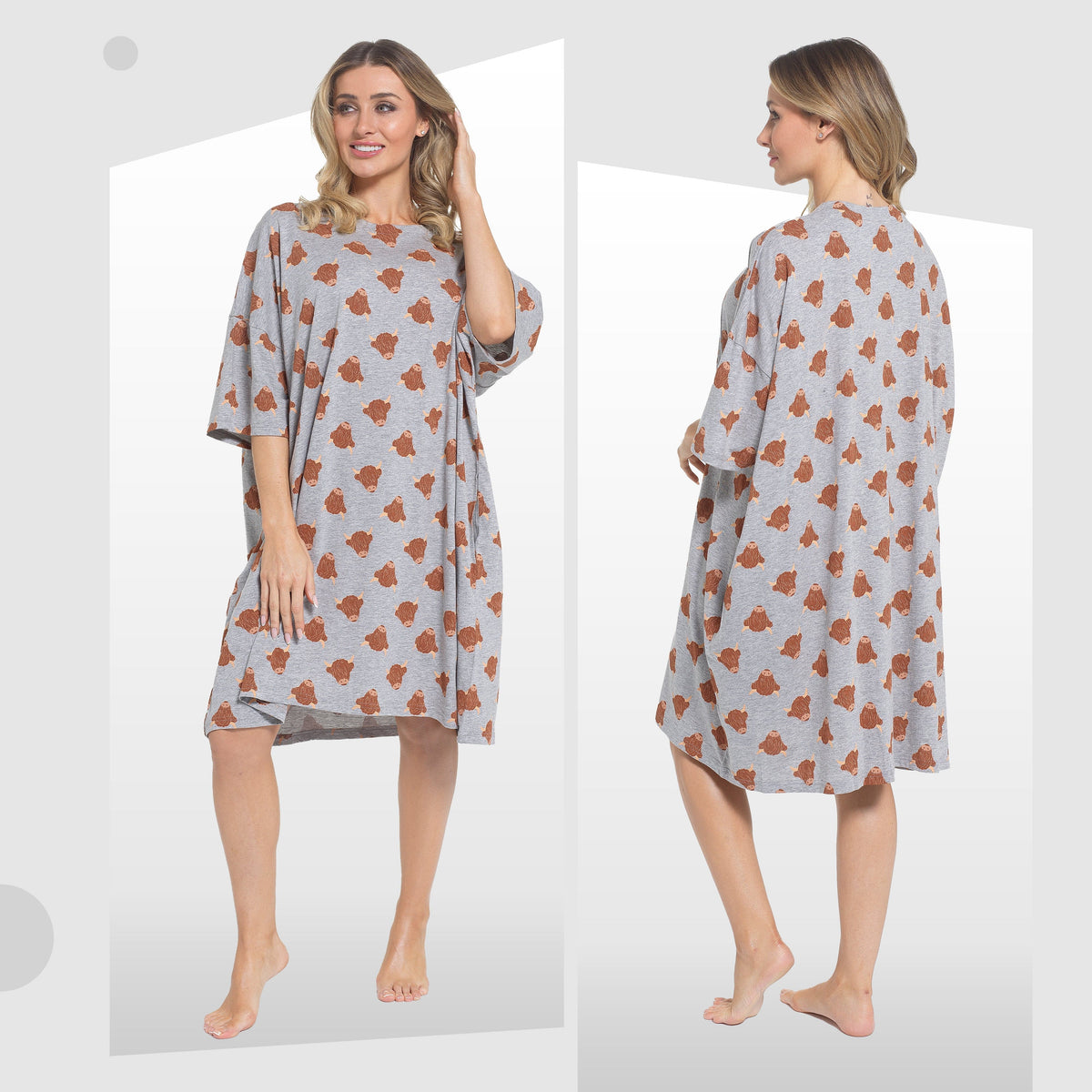 Loose cotton nightdress in light blue-gray with orange cow print; round neck, short sleeves