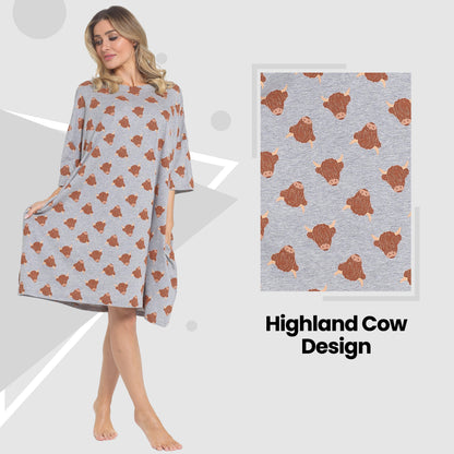 Loose nightdress with orange Highland cow print on light blue-gray fabric; short sleeves