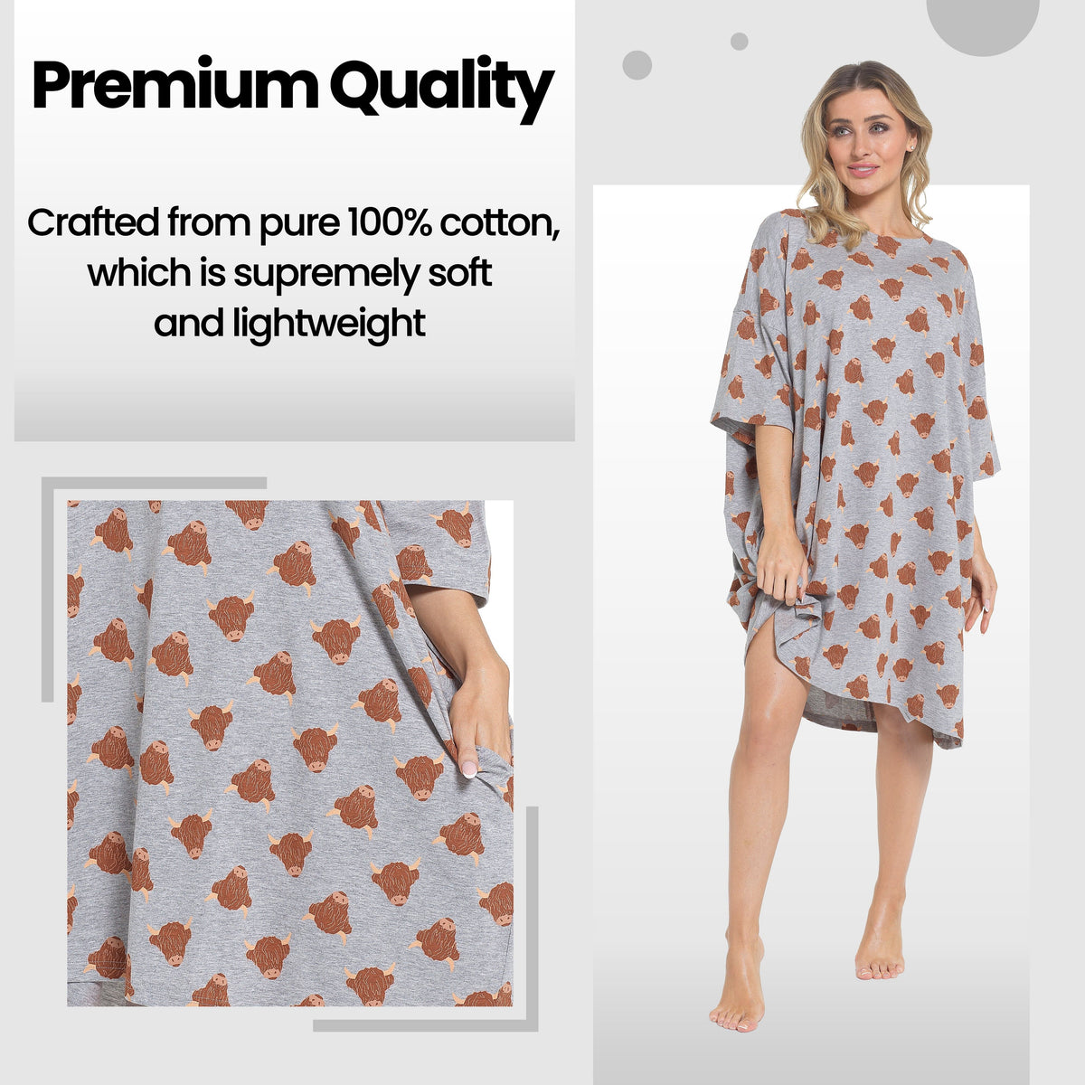 Loose cotton nightdress, orange cow pattern on light blue-gray; relaxed fit, short sleeves