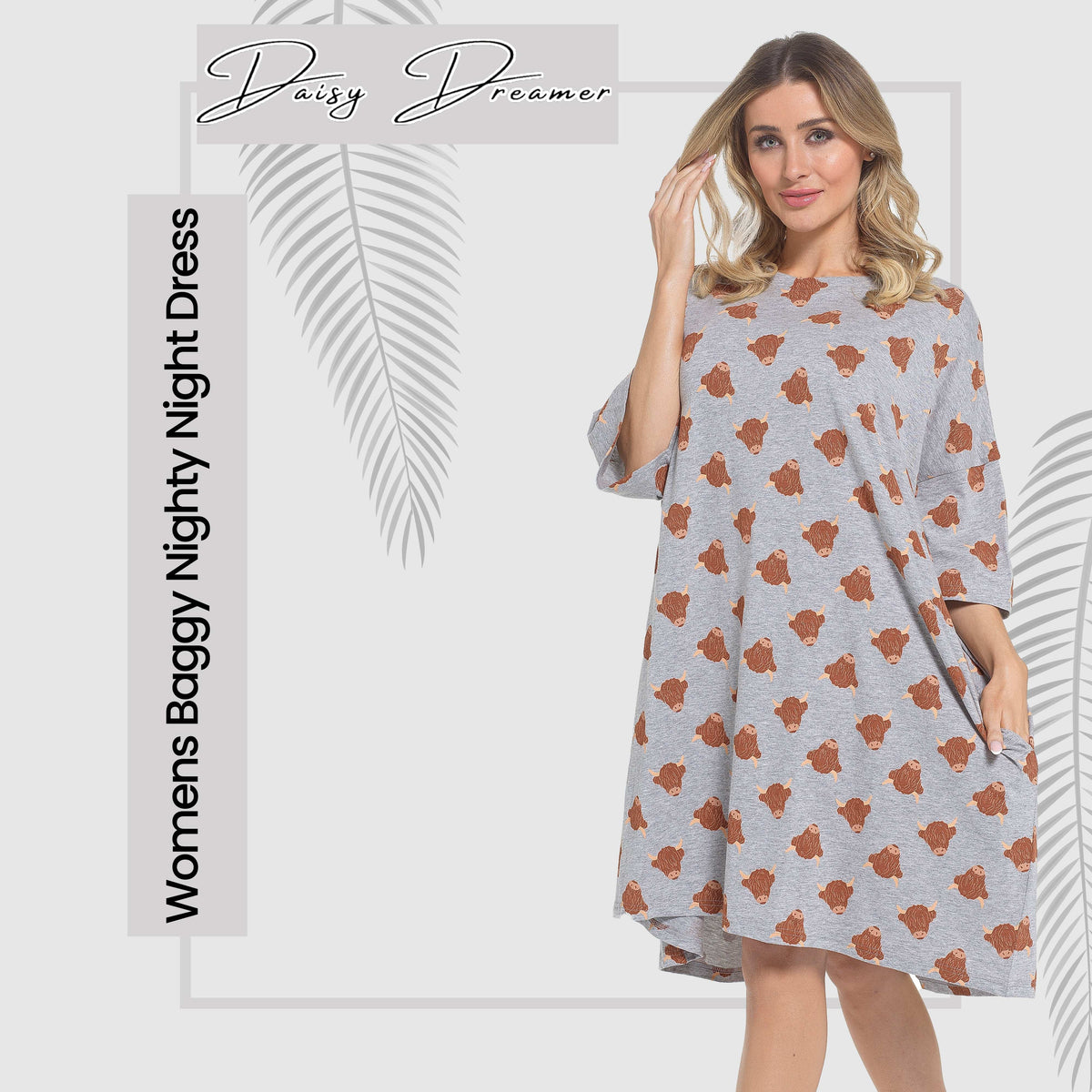 Oversized women’s nightdress, round neck, short sleeves; light blue-gray with orange cow print