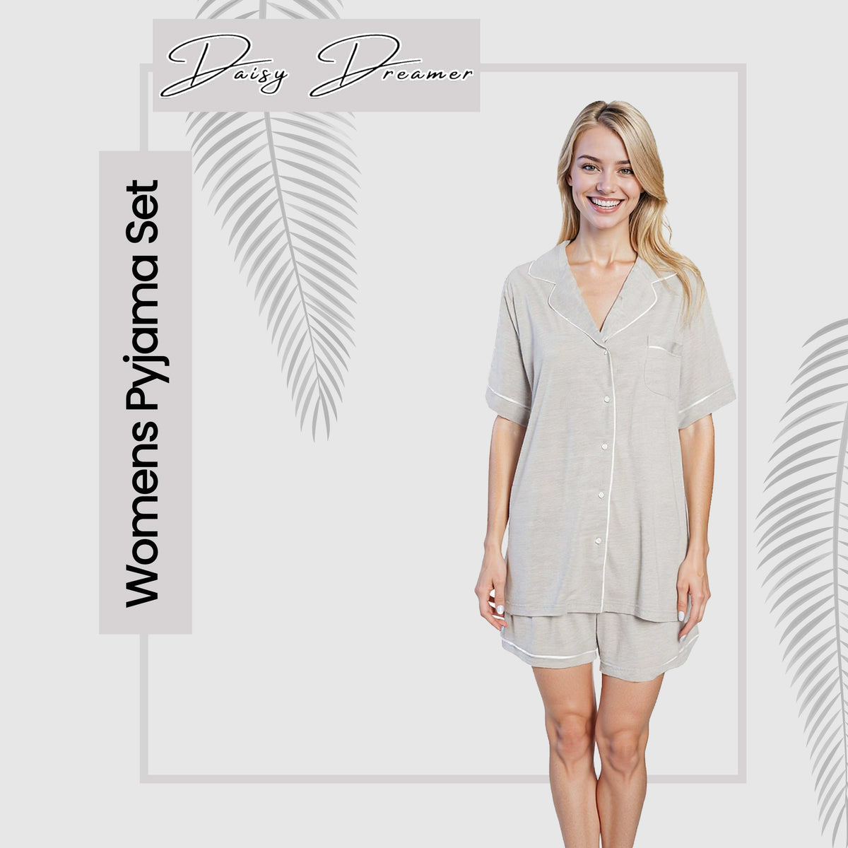 Grey womens pyjama set with short-sleeve button-up top and matching shorts