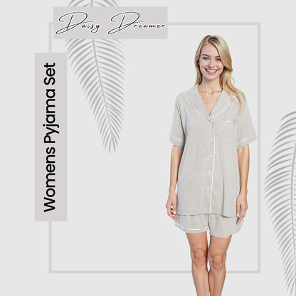 Grey womens pyjama set with short-sleeve button-up top and matching shorts
