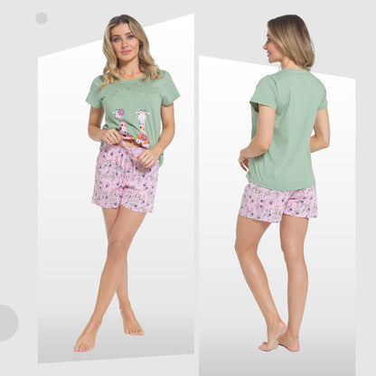 Women's cotton pajama set side view: mint T-shirt and pink-lilac giraffe patterned shorts