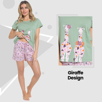Women's pajama set with mint T-shirt featuring colorful giraffe print and lilac patterned shorts