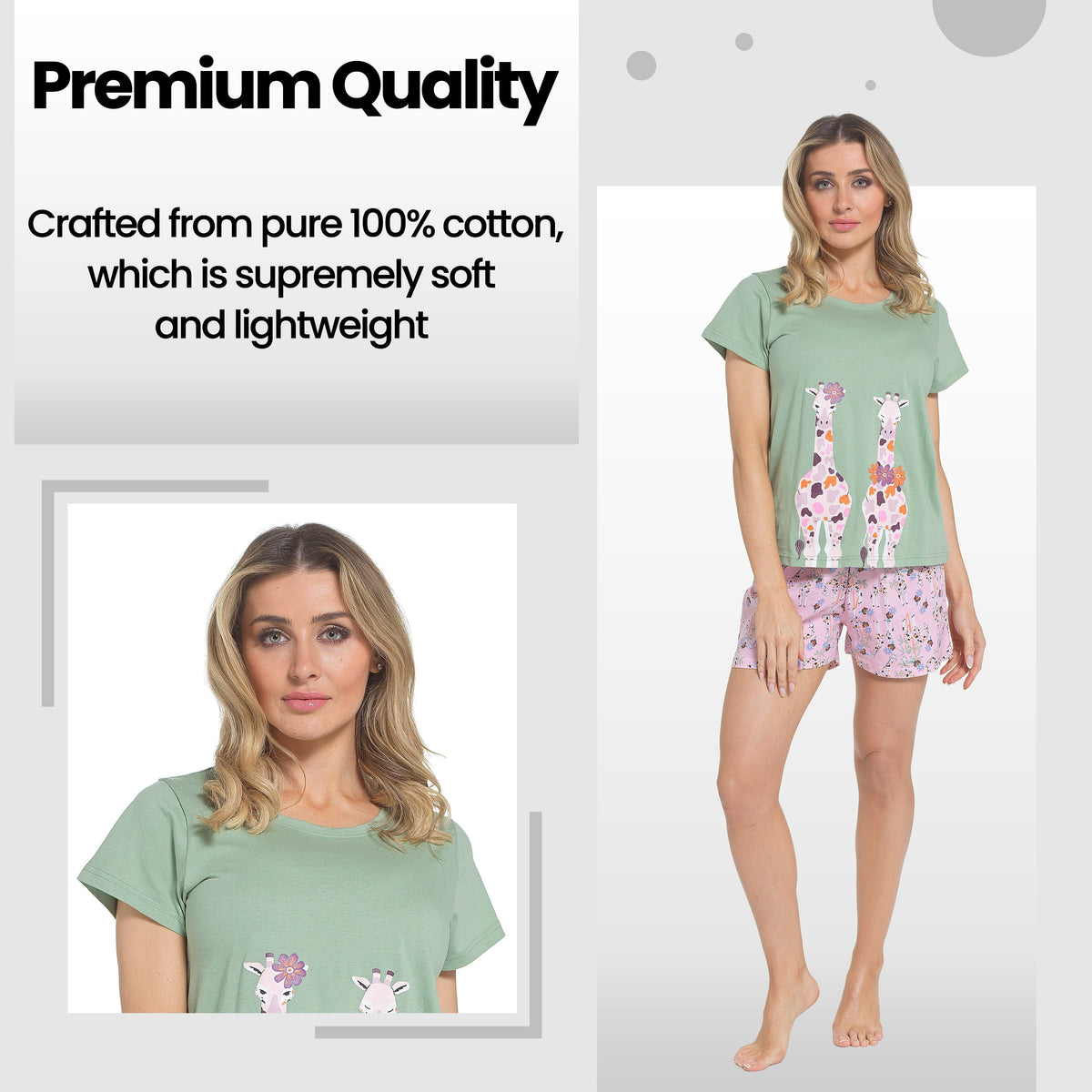 Women's mint cotton pajama set with giraffe graphic T-shirt and floral lilac shorts