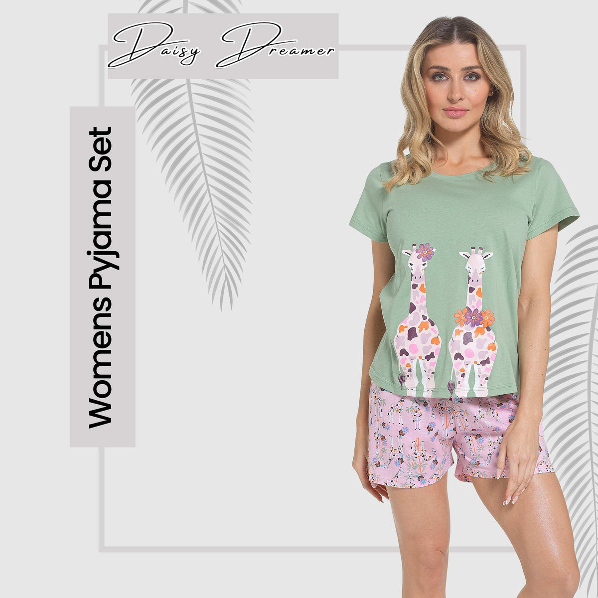 Women's pajama set with mint giraffe T-shirt and pink-lilac patterned cotton shorts
