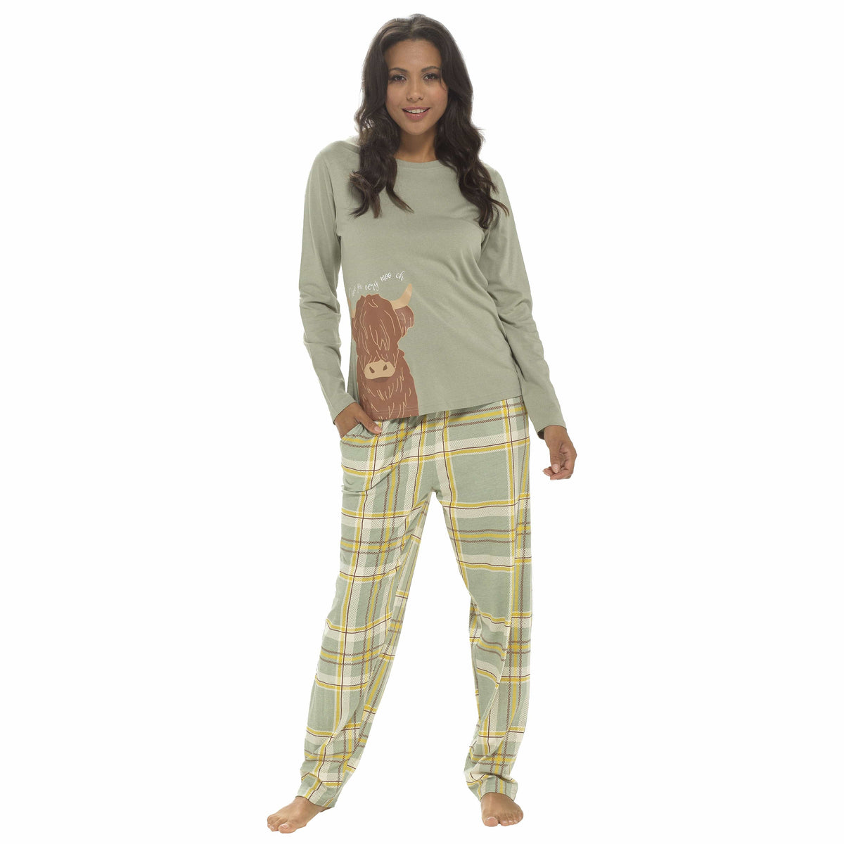 Women’s long-sleeve pyjama set: sage green top with highland cow print, plaid trousers