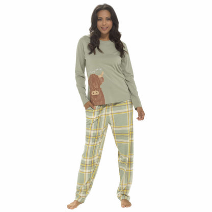Women’s long-sleeve pyjama set: sage green top with highland cow print, plaid trousers