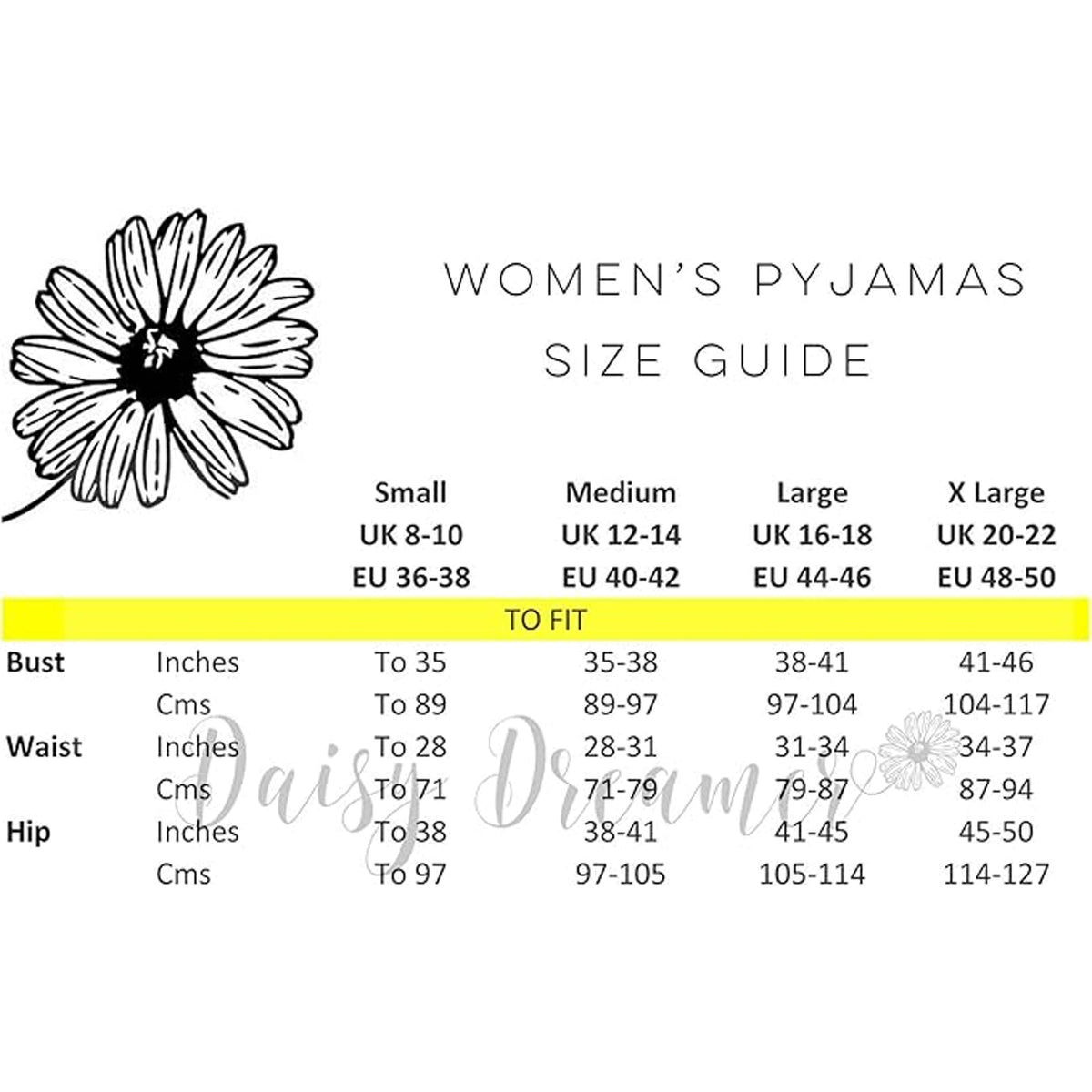 Women’s pyjamas size guide chart with bust, waist, and hip measurements
