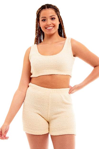Cream teddy fleece tank top and matching shorts lounge set, front view