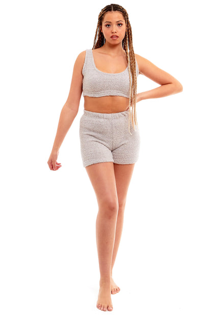 Teddy fleece loungewear set, grey tank top and matching shorts, side view