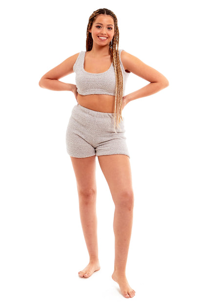 Teddy fleece loungewear set, grey tank top and matching shorts, hands-on-hips