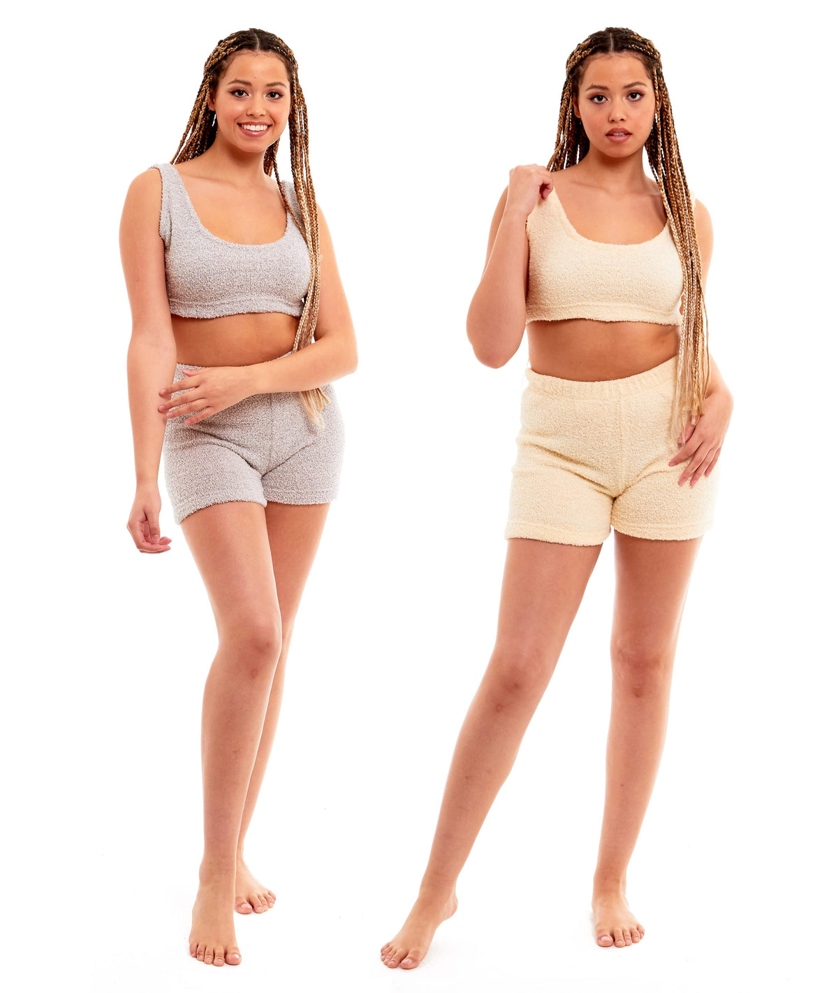 Teddy fleece loungewear set, grey tank top and matching shorts, full-body view