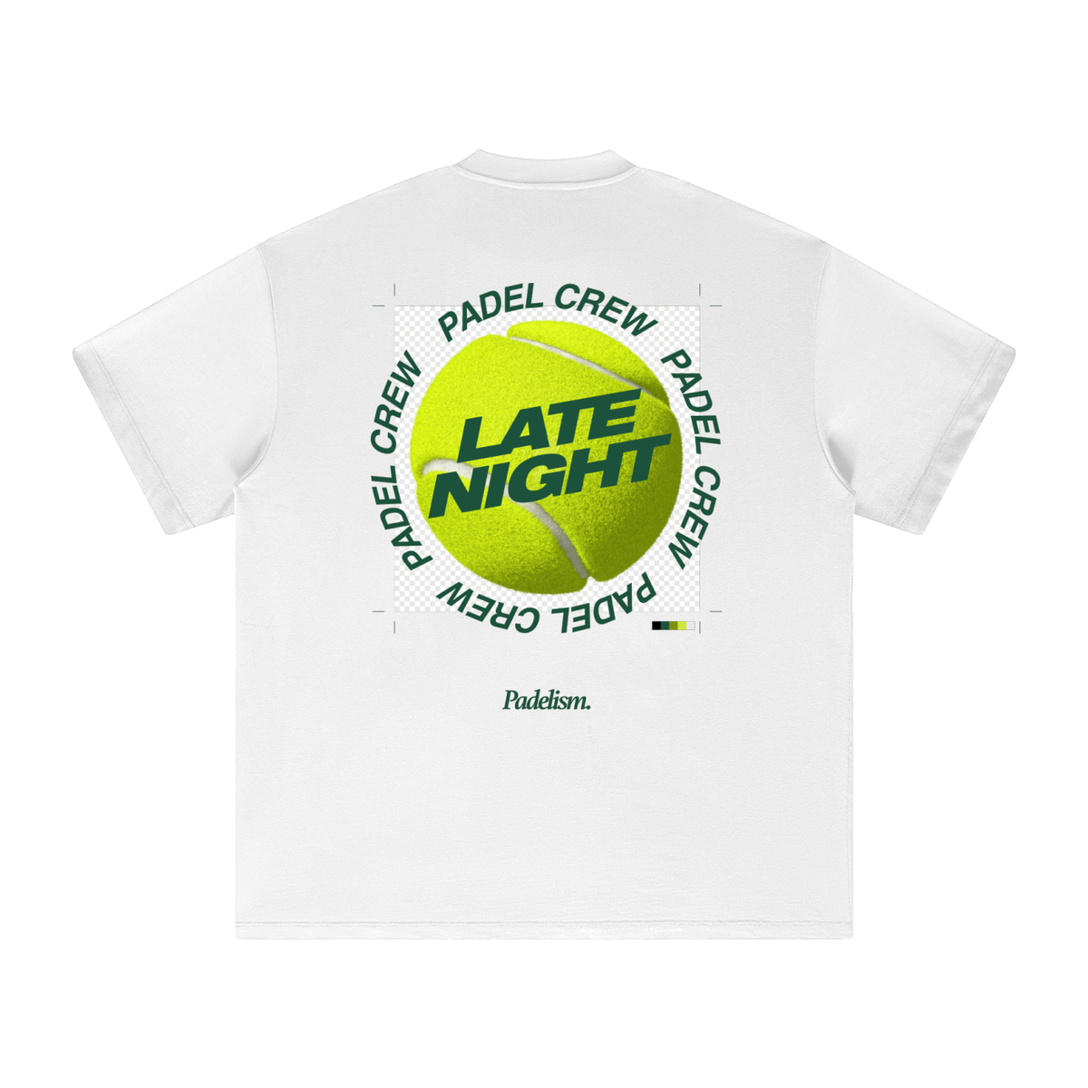 White heavyweight T-shirt, crew neck, large back circular "LATE NIGHT" graphic