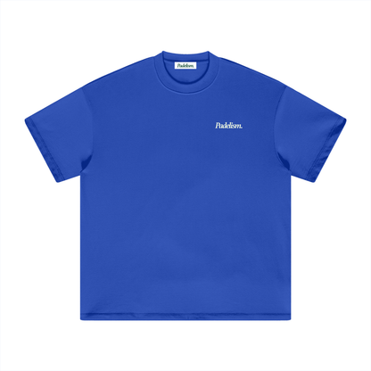 Royal blue heavyweight crew-neck T-shirt with small chest logo, short sleeves