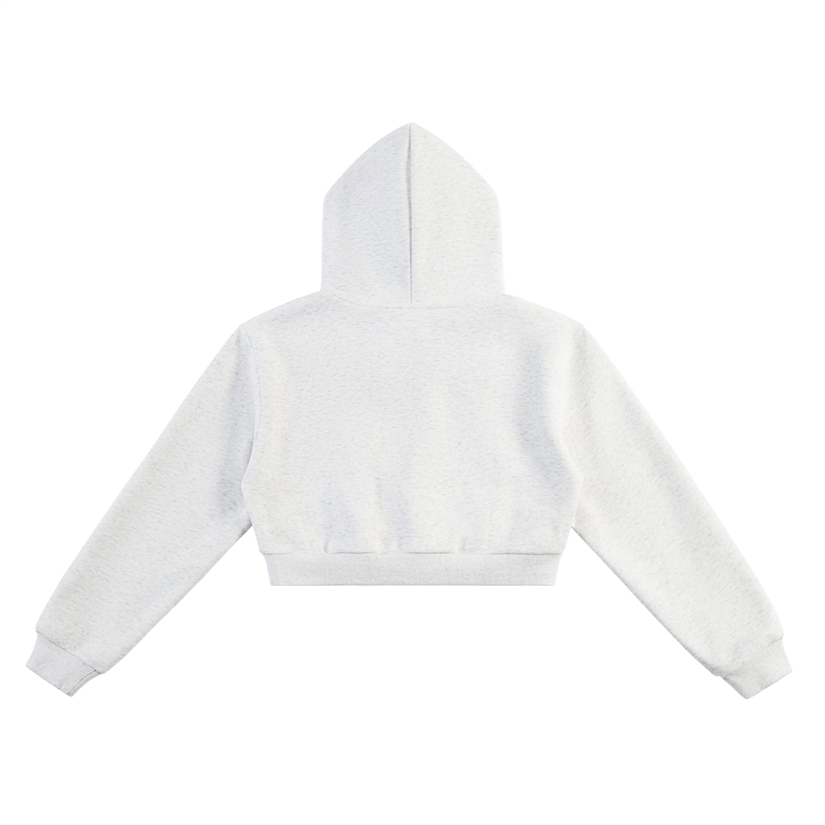 Light gray cropped hoodie with hood, long sleeves, and plain back