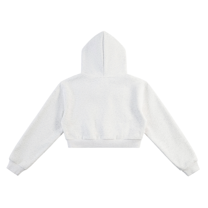 Light gray cropped hoodie with hood, long sleeves, and plain back
