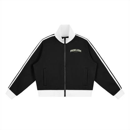 Black track jacket with white side stripes, zip front, stand collar, PADELISM logo.