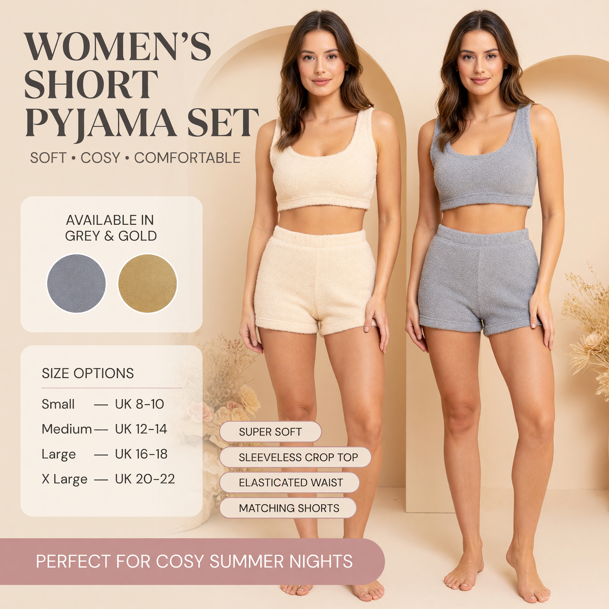 Women’s teddy fleece crop top and shorts pajama set, grey and gold—two colors shown
