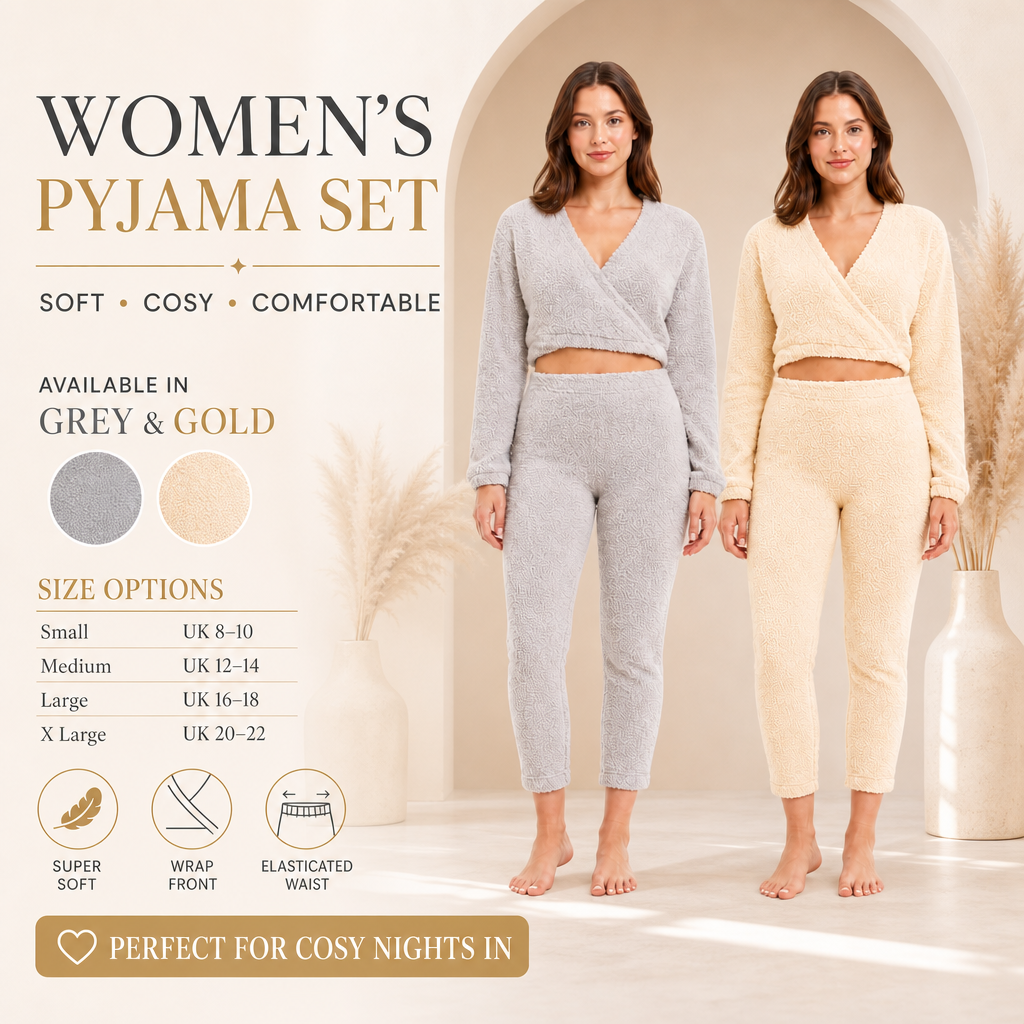 Women's teddy fleece loungewear set, wrap top and jogger bottoms in grey and gold