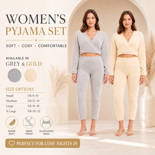 Women's teddy fleece loungewear set, wrap top and jogger bottoms in grey and gold