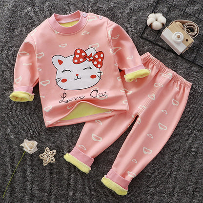 Children's thermal underwear set, pink with cat graphic and ribbed cuffs