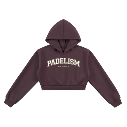 Dark reddish purple cropped hoodie with hood, long sleeves, front logo print