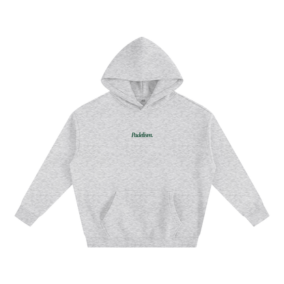 Light gray box hoodie with hood, front kangaroo pocket, and small chest logo.