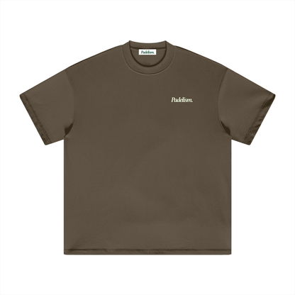 Dark brown heavyweight crew-neck T-shirt with small chest logo, short sleeves
