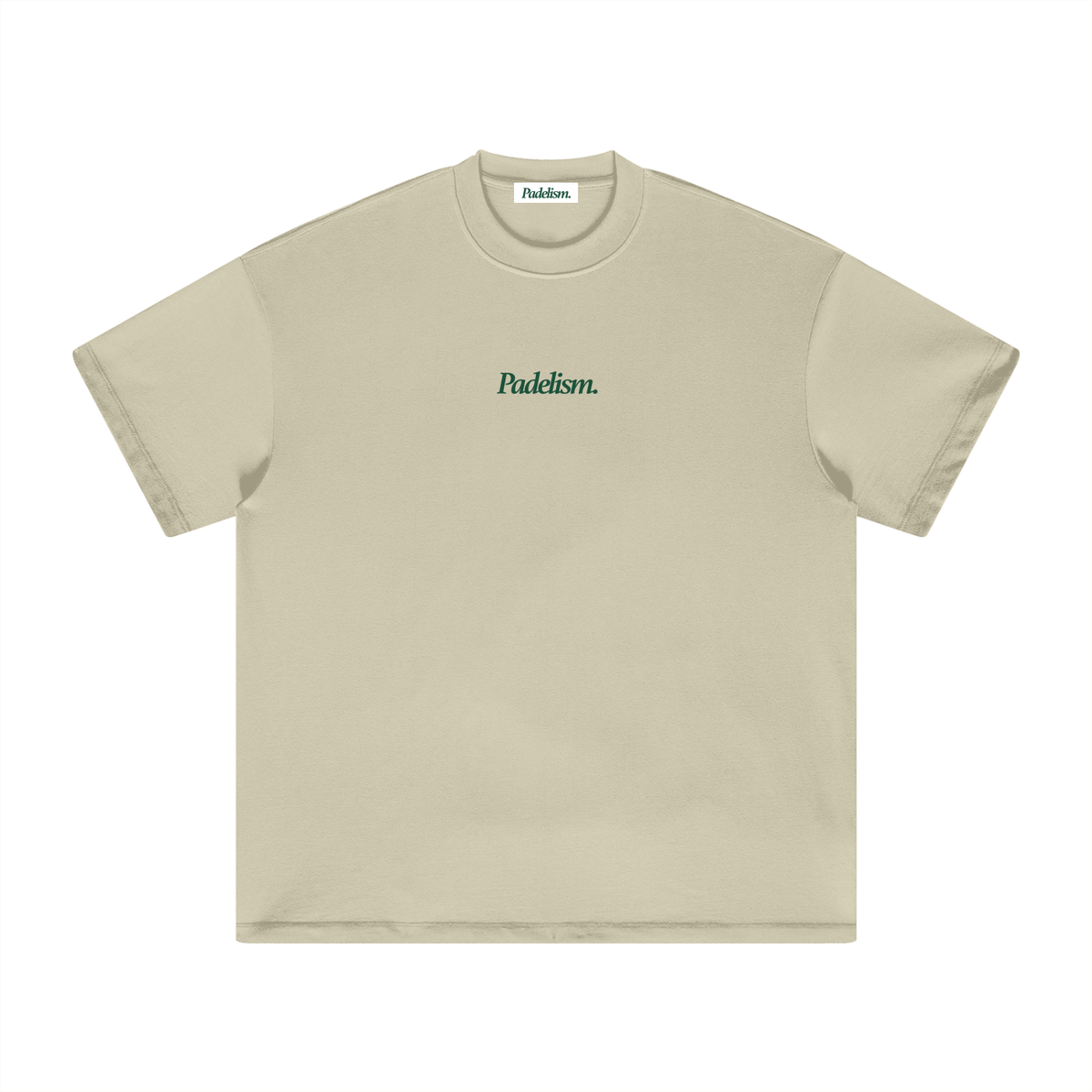 Sand heavyweight T-shirt with crew neck and small chest logo text, short sleeves