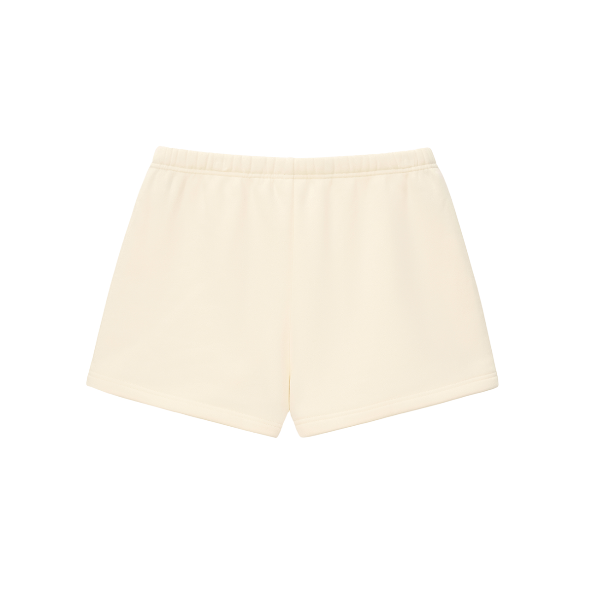 Light cream core shorts with elastic waistband and drawstring; clean front