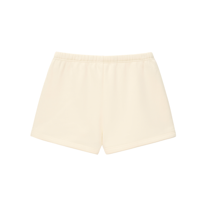 Light cream core shorts with elastic waistband and drawstring; clean front