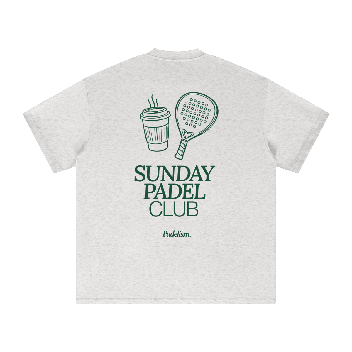 Heavyweight T-shirt, oat gray, back graphic “Sunday Padel Club” with drink and paddle icons