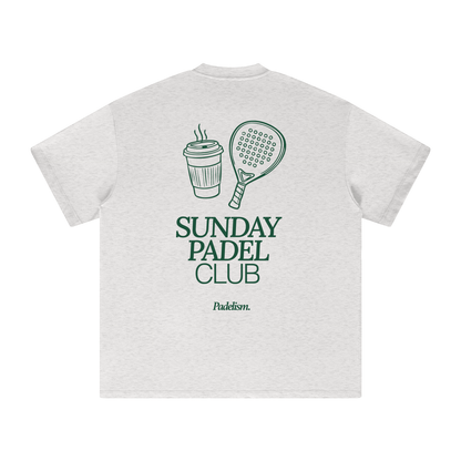 Heavyweight T-shirt, oat gray, back graphic “Sunday Padel Club” with drink and paddle icons