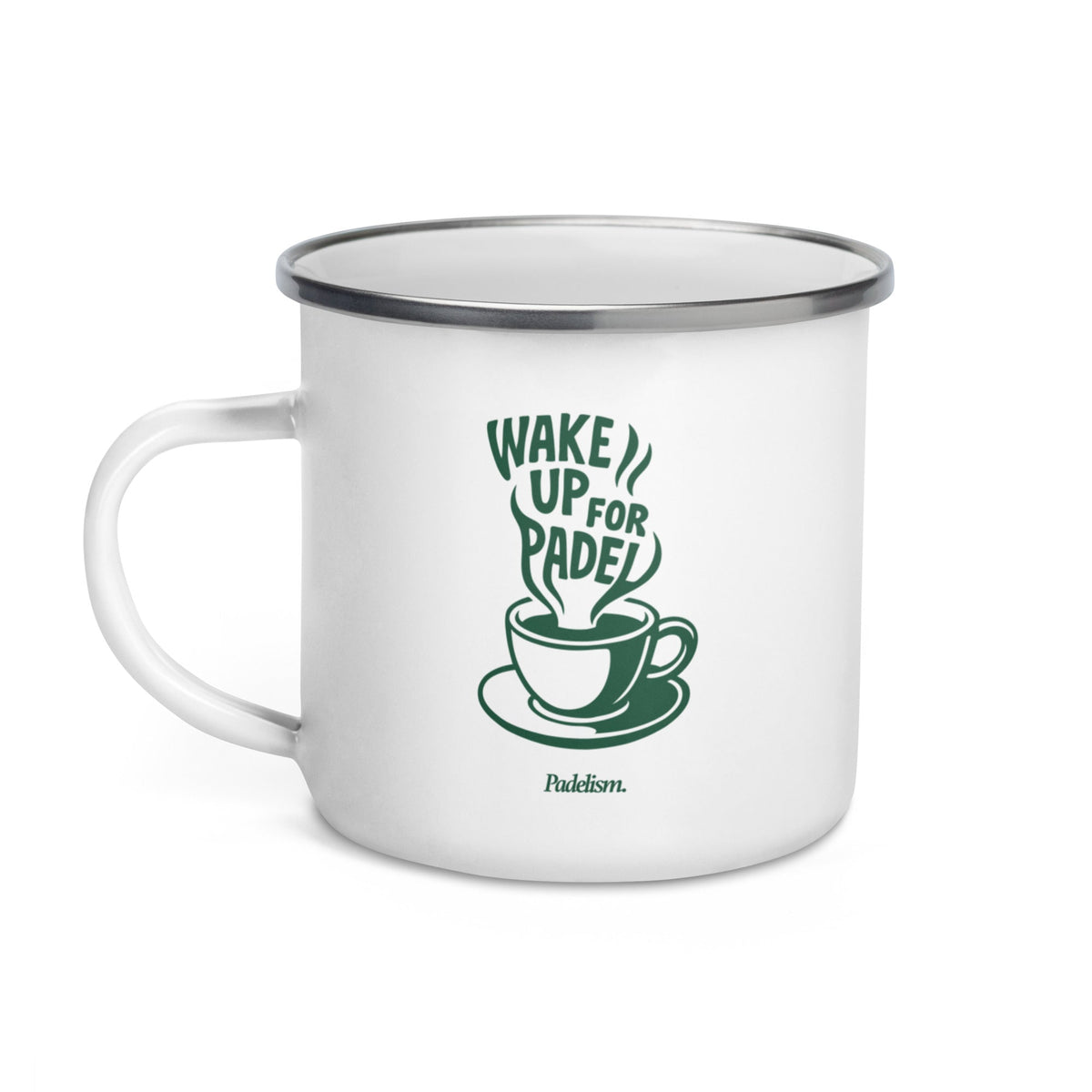White enamel mug with dark rim, handle, 'Wake Up for Padel' and Padelism print