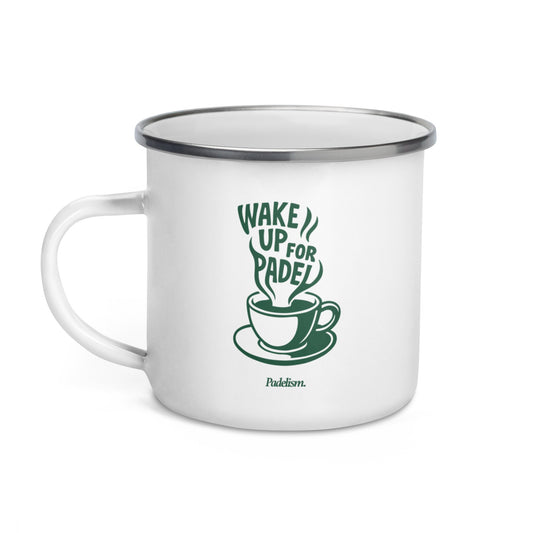 White enamel mug with dark rim, handle, 'Wake Up for Padel' and Padelism print
