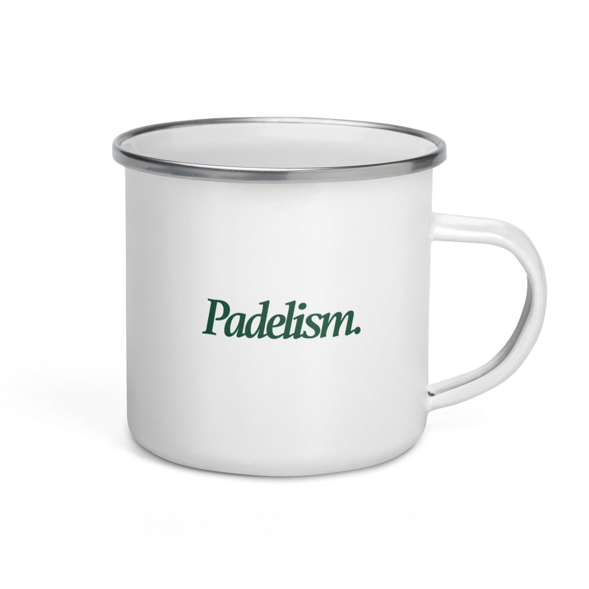 White enamel mug with dark rim, handle, 'Padelism' text on front