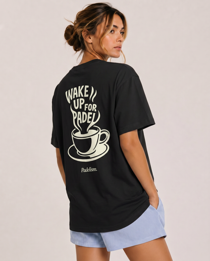 Black heavyweight T-shirt with large back coffee graphic, crew neck, Padelism.