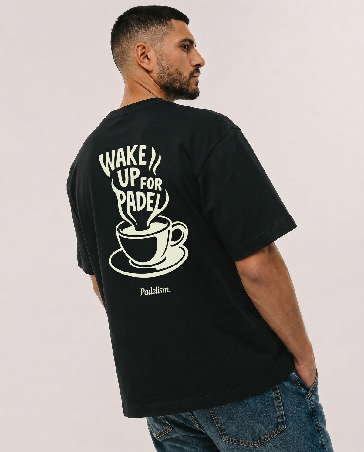 Black heavyweight T-shirt with large back coffee graphic, crew neck, Padelism.