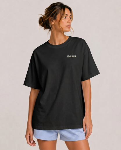Black heavyweight T-shirt with small chest logo, crew neck, Padelism.