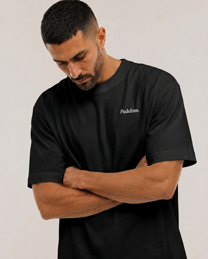 Black heavyweight T-shirt with small chest logo, crew neck, Padelism.