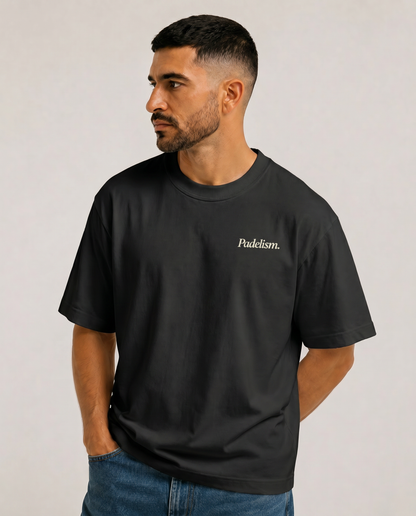 Black heavyweight T-shirt with small chest logo, crew neck, Padelism.