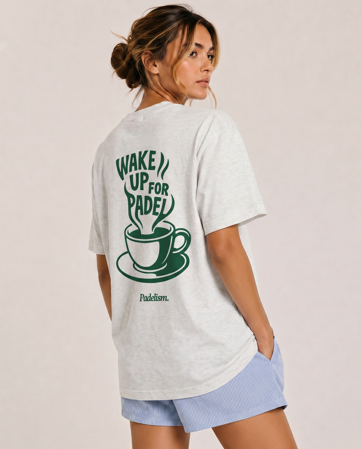 Light gray heavyweight T-shirt with crew neck, short sleeves, and large back graphic