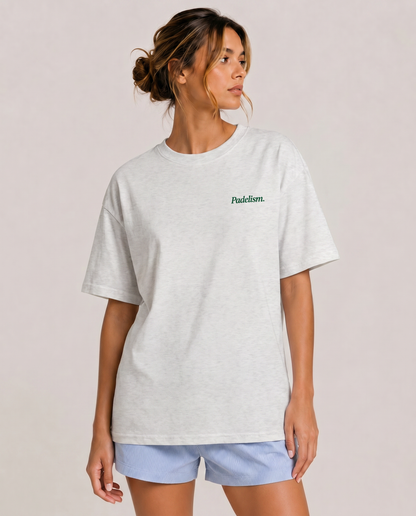 Gray heavyweight T-shirt with crew neck, short sleeves, and small chest logo