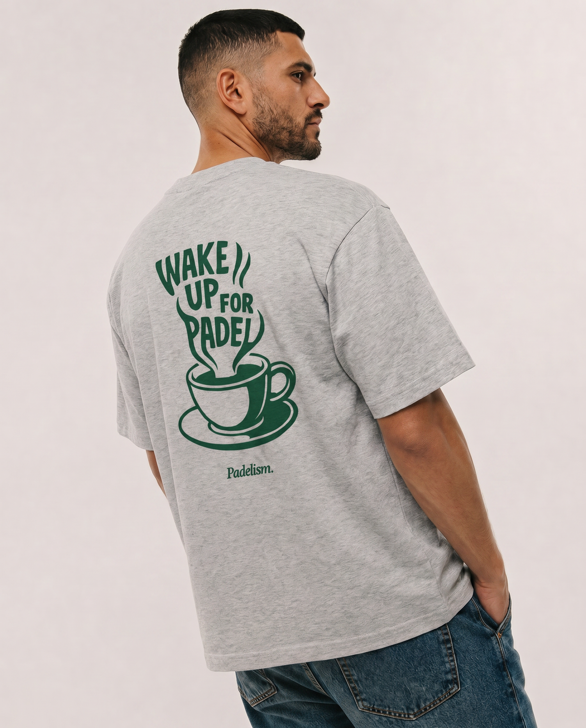 Gray heavyweight T-shirt with crew neck and large back graphic logo in green