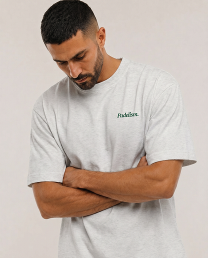Light gray heavyweight T-shirt with crew neck, short sleeves, and chest logo